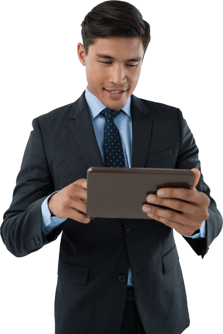 Transparent Confident Businessman Using Tablet While Standing