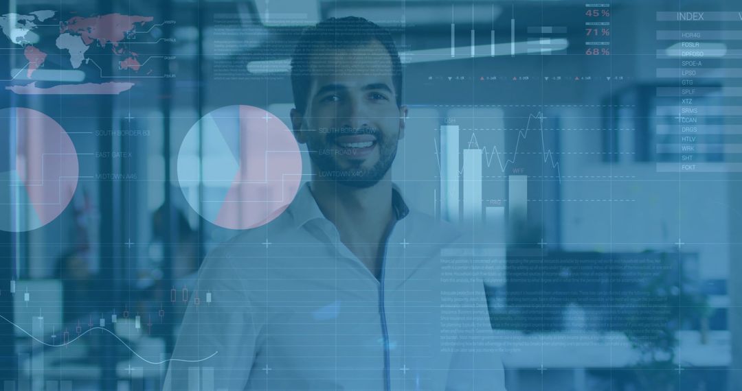 Smiling Businessman Analyzing Global Financial Data in Modern Office