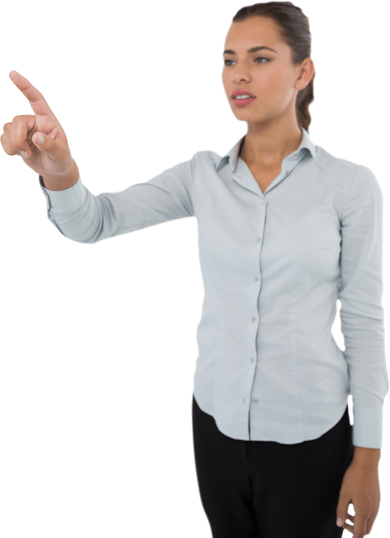 Transparent Female Executive Interacting with Virtual Interface