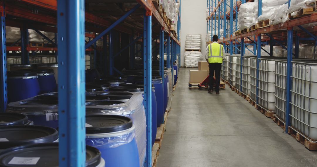 Worker Moving Boxes in Industrial Warehouse Aisle - Free Images, Stock Photos and Pictures on Pikwizard.com