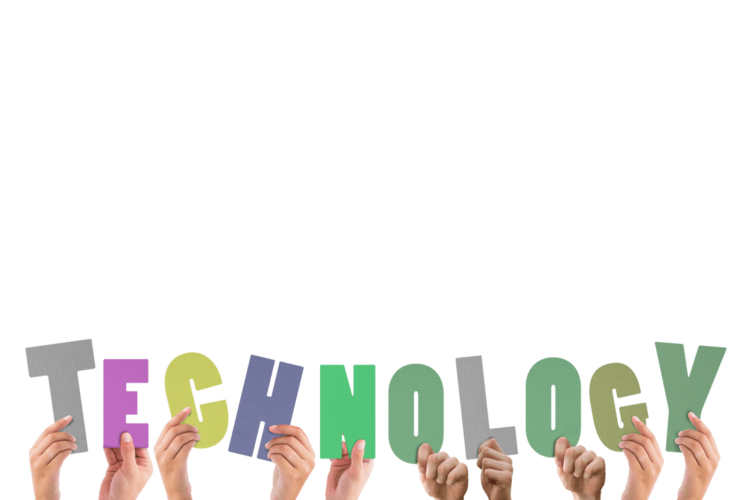 Hands Holding Colorful Technology Letters on Transparent Background