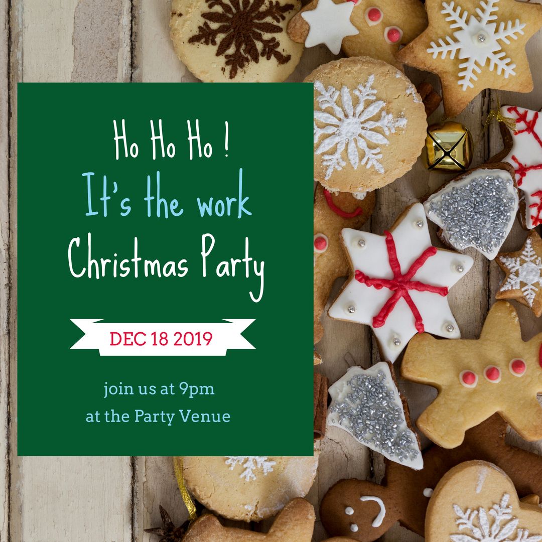 Festive Holiday Party Invitation with Christmas Cookies on Rustic Background