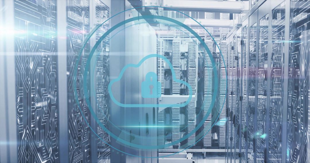 Cloud Security Overlay Locking Data Center Racks with Futuristic Blue Interface for Cybersecurity