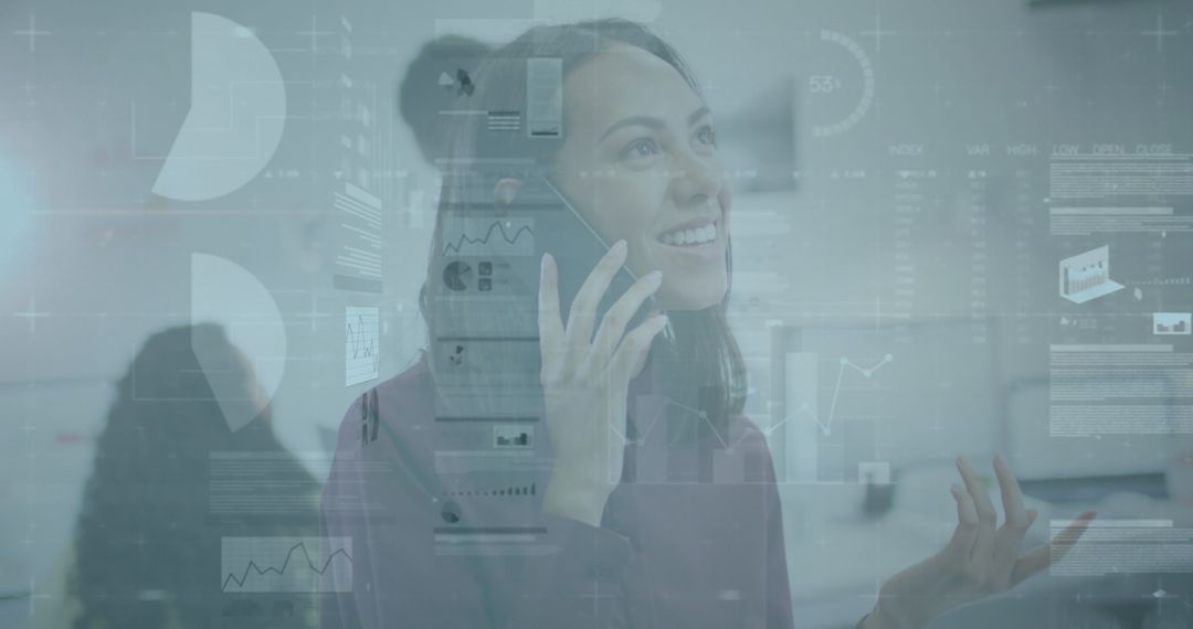 Professional Hispanic Woman Discussing Data on Smartphone in Modern Office
