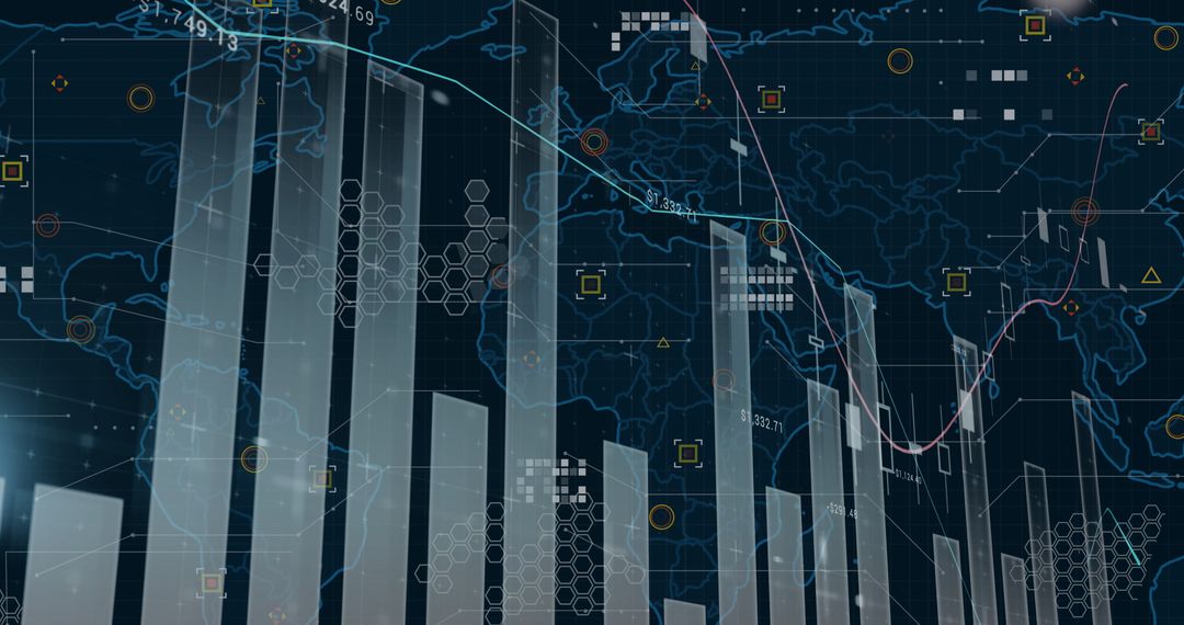Futuristic Data Visualization Displaying Metrics with Global Map Elements