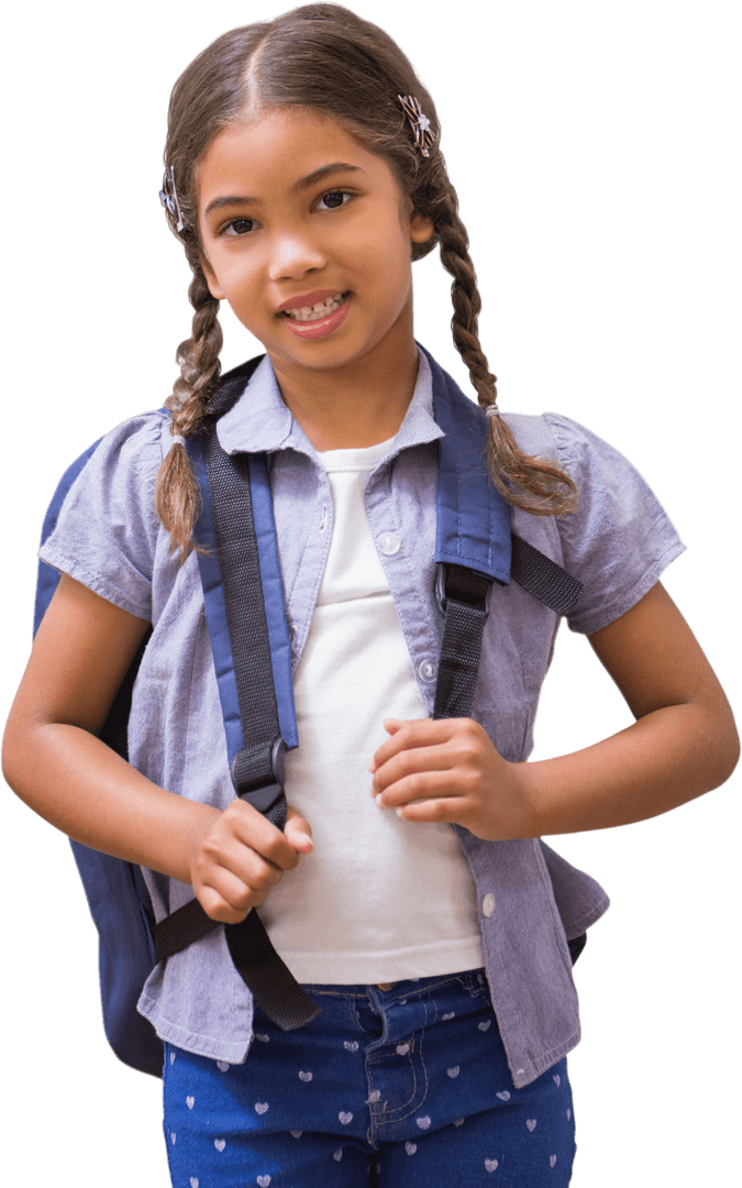 Cute Elementary School Girl Smiling with Backpack Transparent