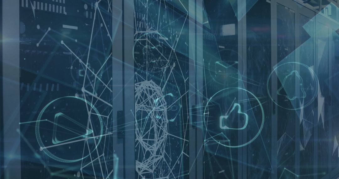 Digital Connections in Server Room with Social Media Icons