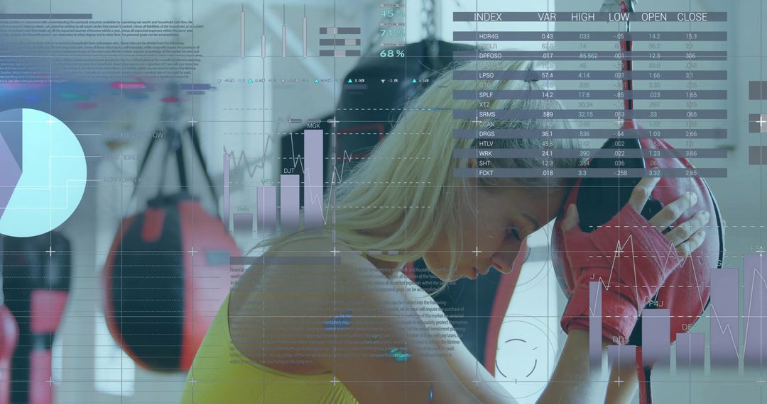 Female Athlete Resting with Boxing Gear and Data Graphics