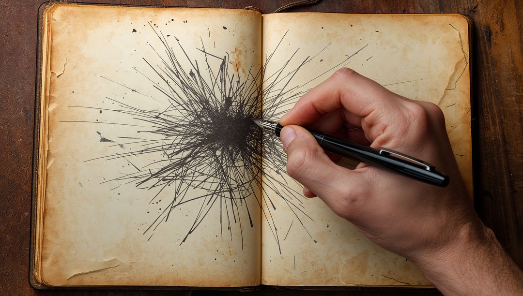 Right Hand Scribbling Explosive Ink Burst on Vintage Open Notebook with Pen
