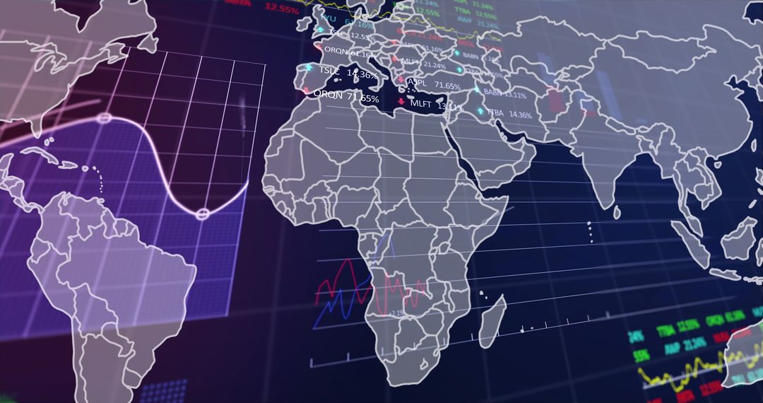 World Map with Glowing Financial Charts Displaying Stock Indices