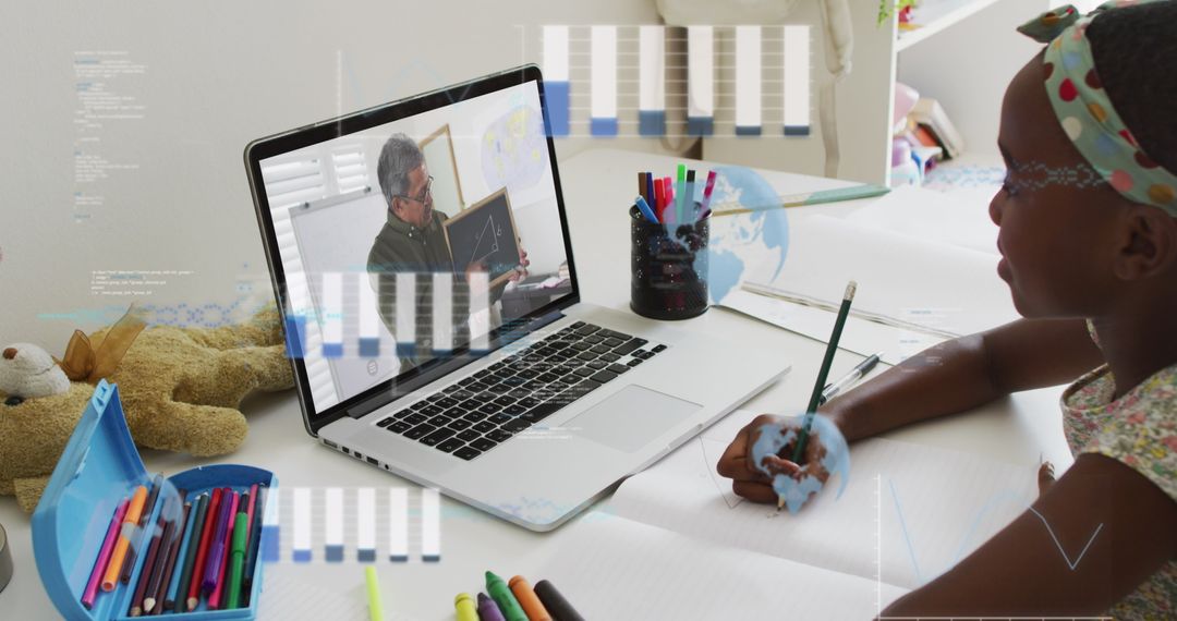Girl Engaging in Online Learning with Virtual Technology Interface