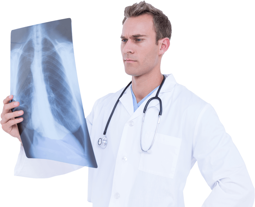 Male Doctor Analyzing Chest X-Ray with Transparent Background