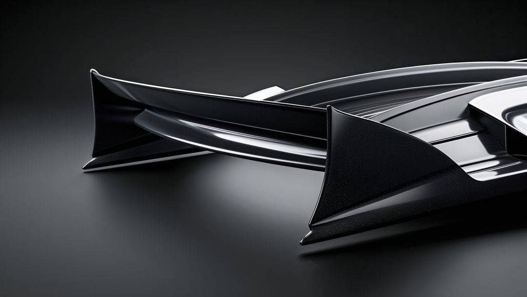 Sleek black automotive spoiler highlighting aerodynamic design and streamline form