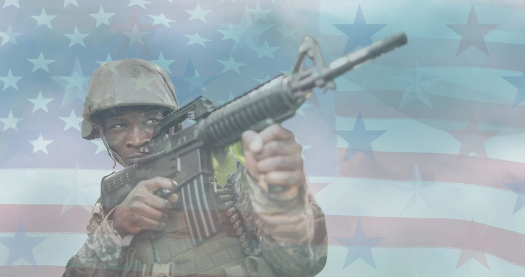 Soldier Aiming Rifle with American Flag Background