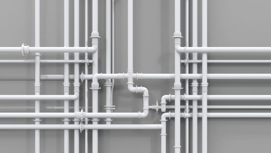 Dense White Industrial Pipe Network with Valves and Elbow Fittings on Gray Wall Geometric