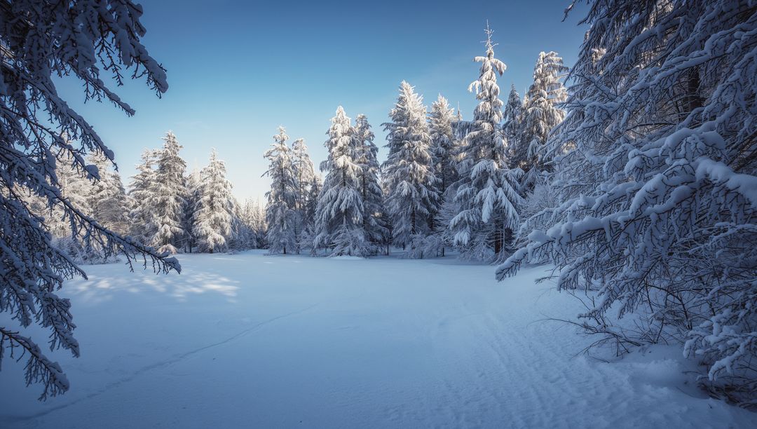 Sunlit Snowy Forest Clearing with Frosted Evergreens and Soft Blue Winter Light