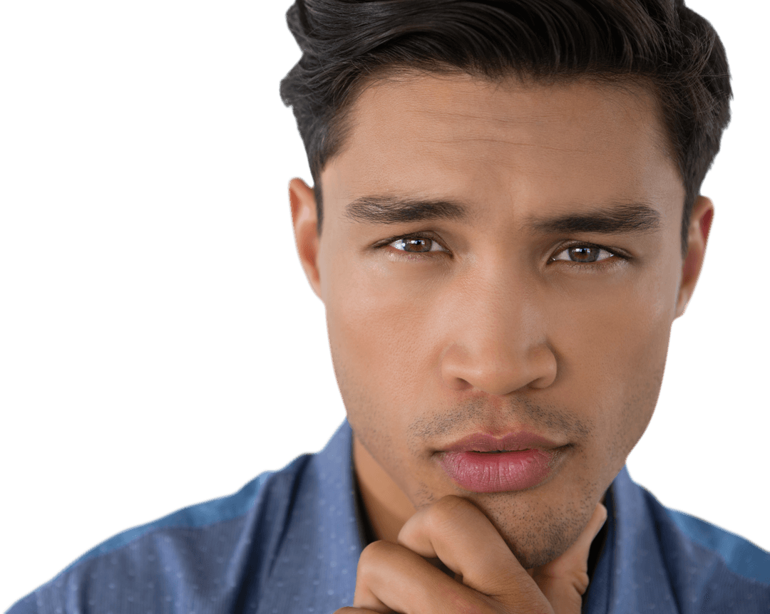 Thoughtful Young Businessman with Hand on Chin Looking Intently Forward Transparent