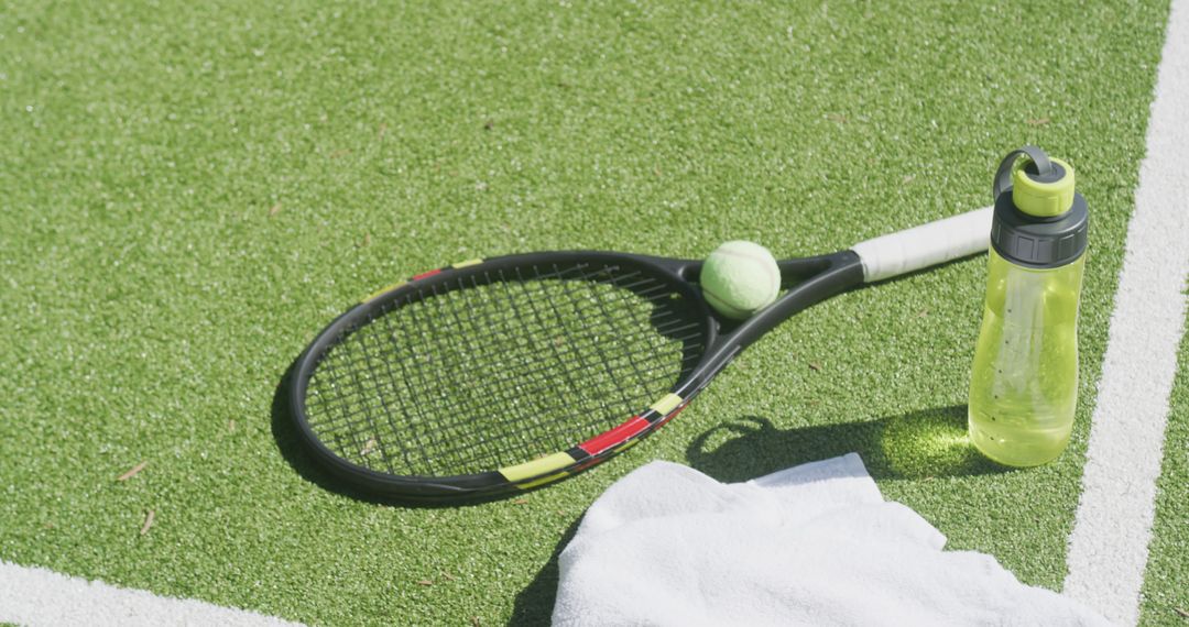 Tennis Equipment Awaiting Player on Grass Court - Free Images, Stock Photos and Pictures on Pikwizard.com