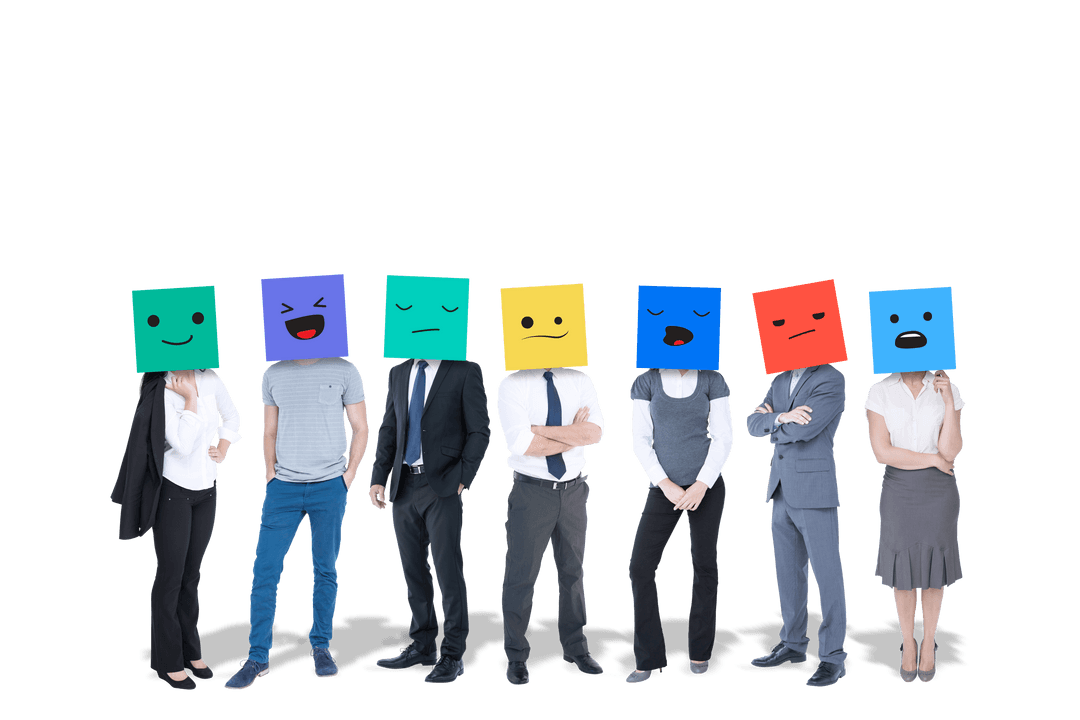Transparent Humans Wearing Emoticon Paper Faces Expressing Emotions