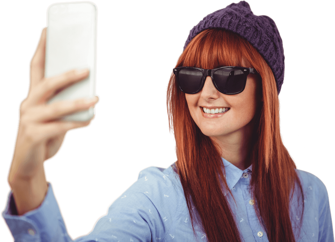 Transparent Hipster Woman Smiling and Taking a Selfie