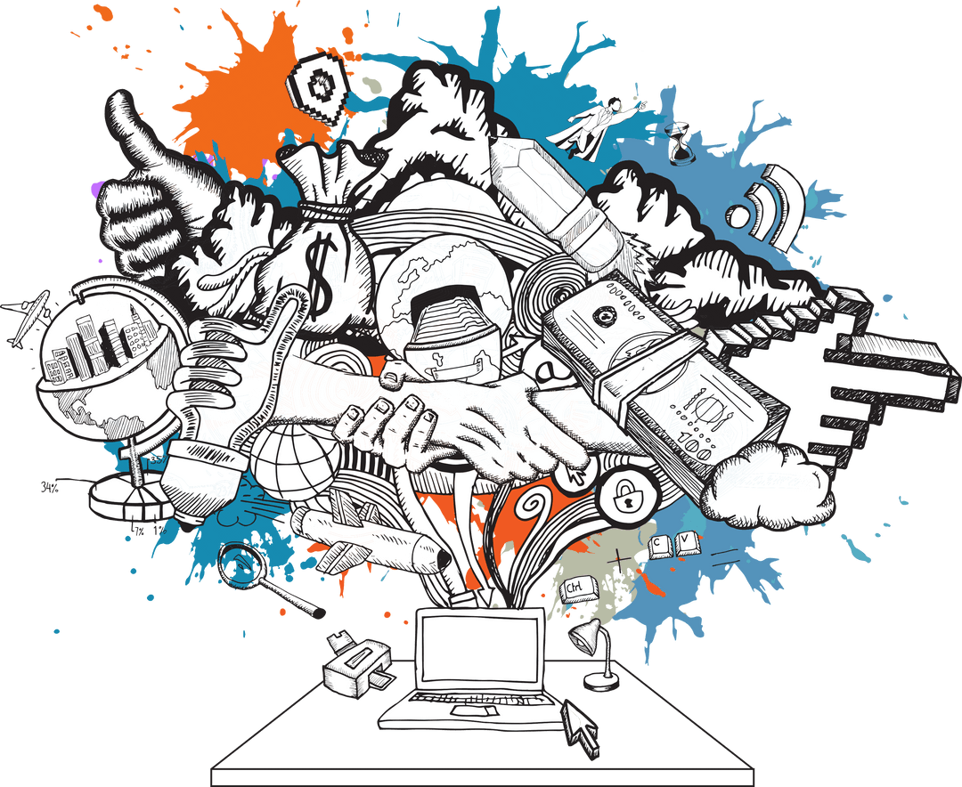 Colorful Hand-Drawn Business Icons Surrounding Laptop on Transparent Background