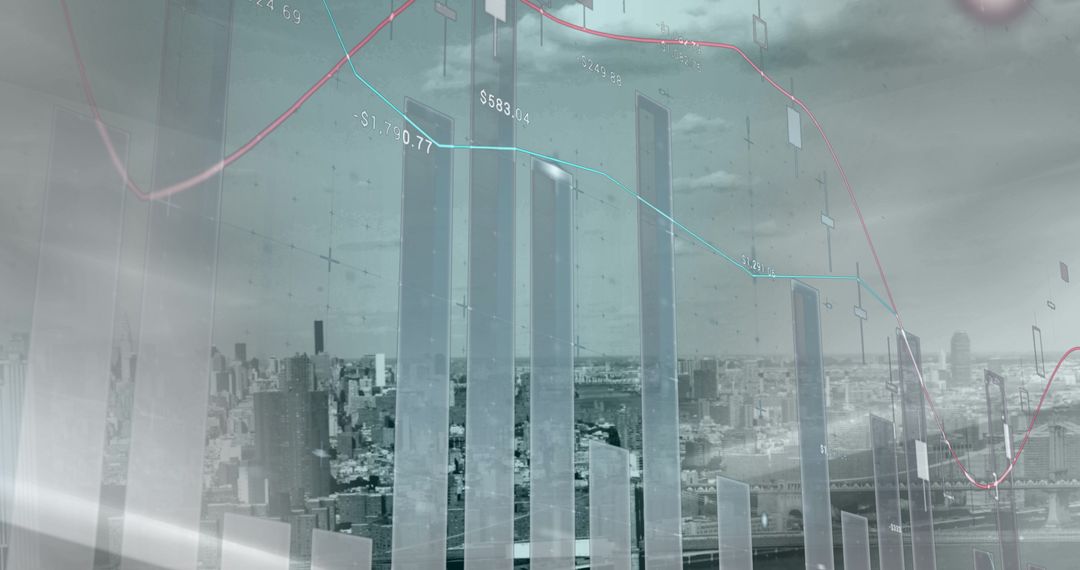 Abstract Financial Data Overlaying Modern Cityscape