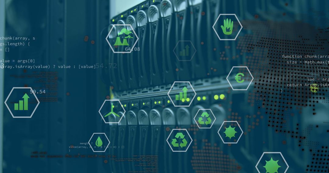 Global Data Processing with Digital Technology Icons Over Server Rack