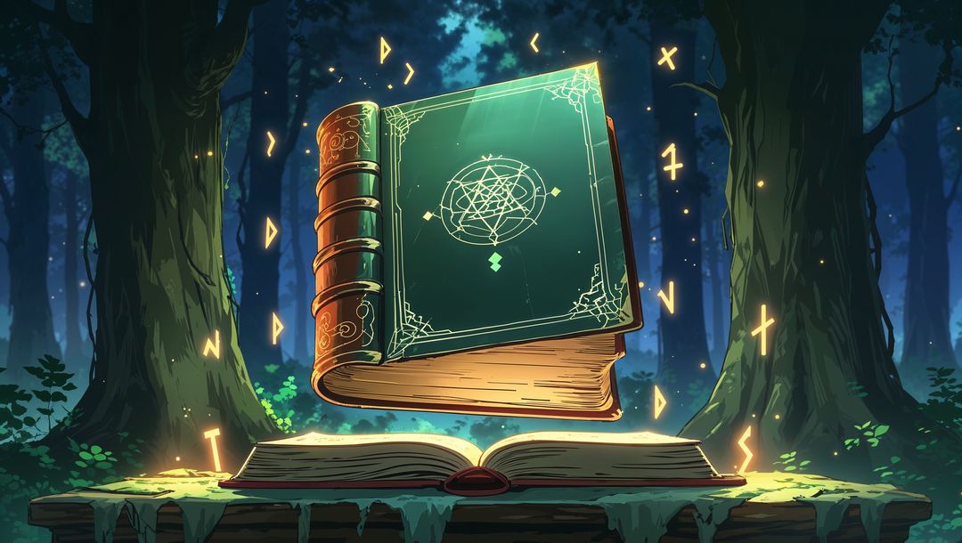 Mysterious anime tome hovering amidst enchanted forest