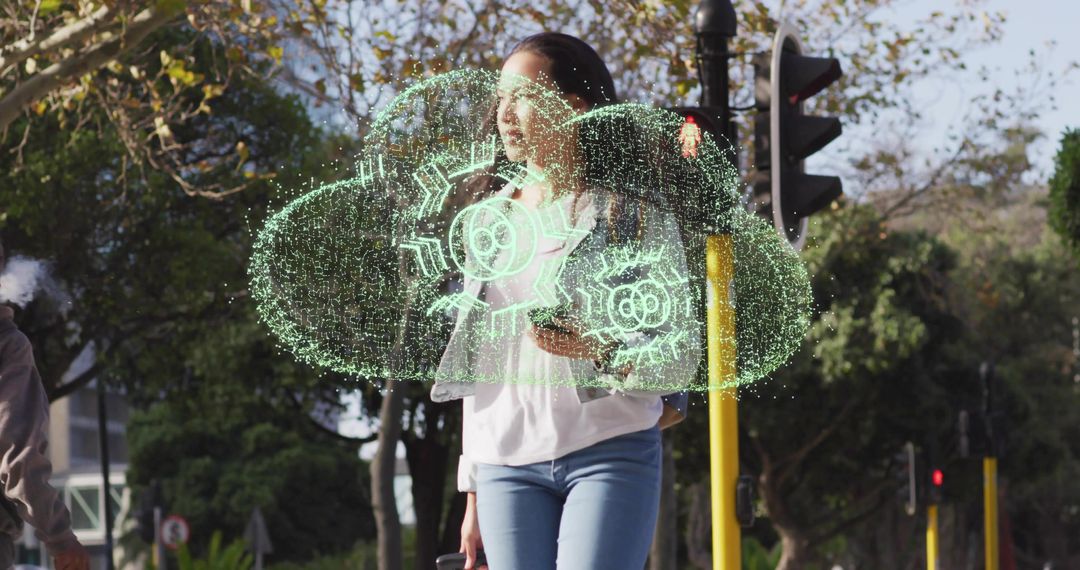 Woman with Smartphone Viewing Holographic Cloud in Urban Setting