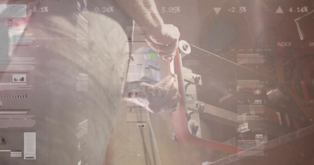 Metalworker using Belt Sander with Financial Data Overlays