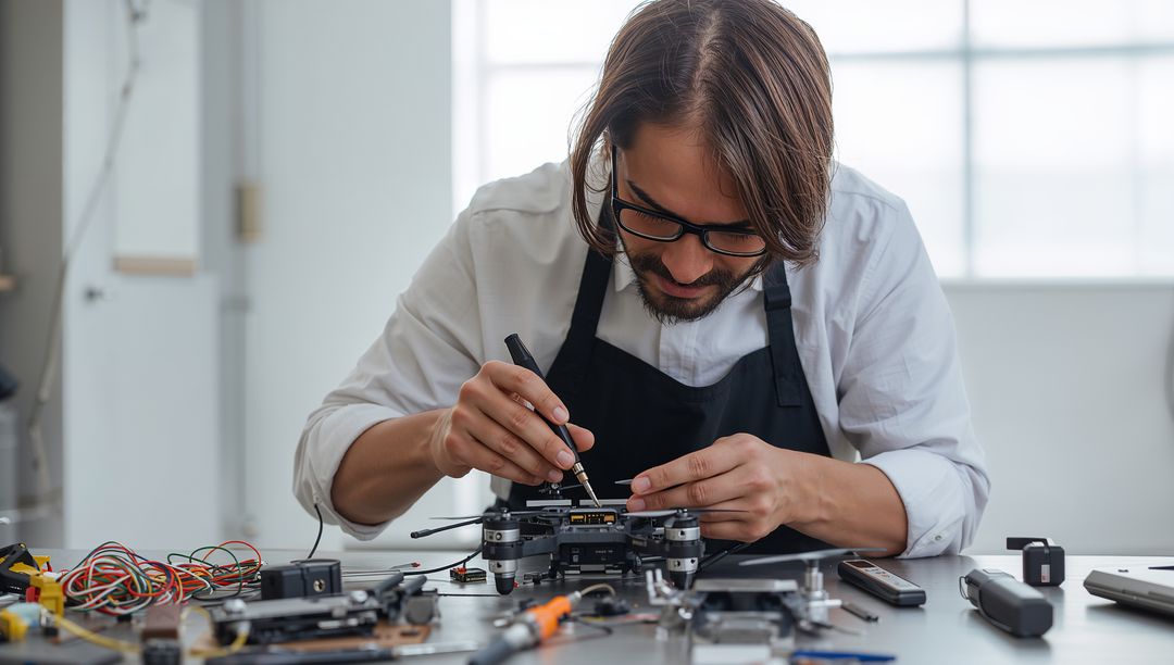 Male Technician Soldering Quadcopter Electronics on Workbench for Drone Repair and Testing