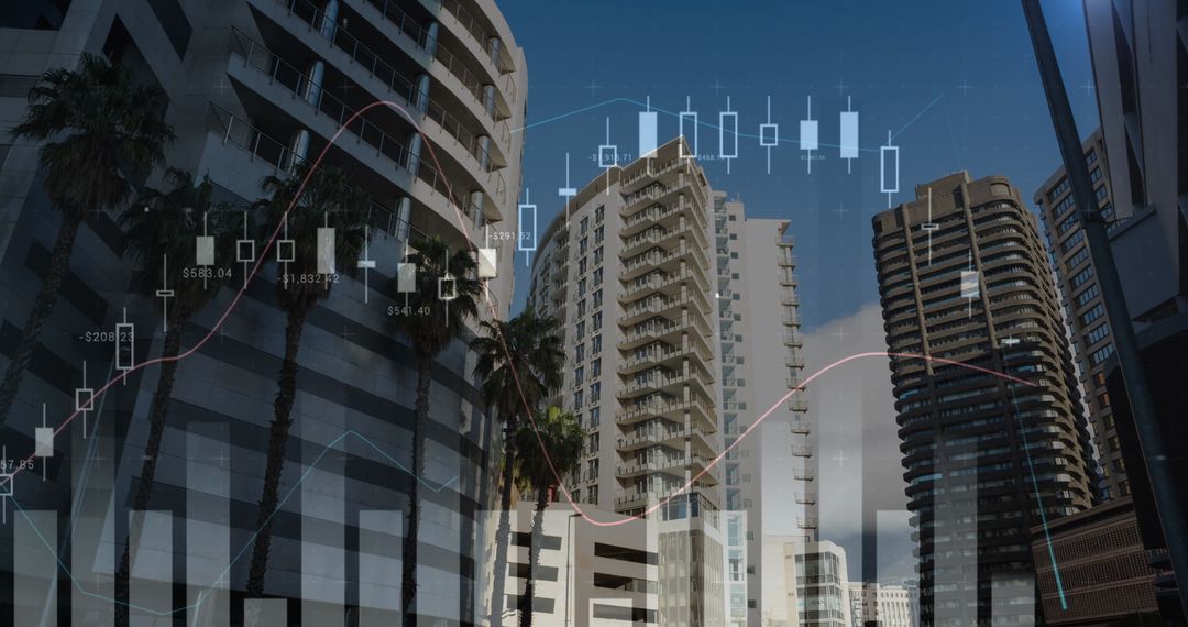 Skyscrapers with Financial Graph Overlay at Sunset