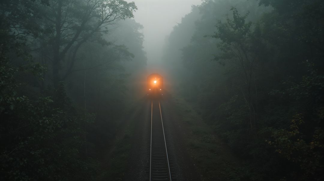 Diesel Locomotive Approaching Through Foggy Forest on Single Track with Headlight Beam