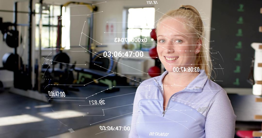 Young woman smiling in gym displaying augmented reality fitness metrics and training data
