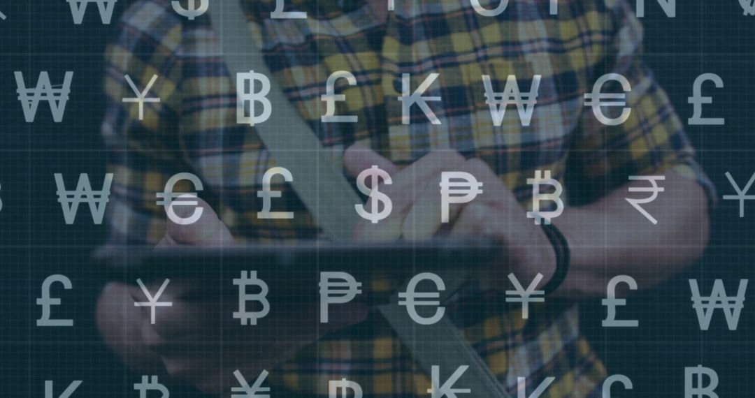 Man Tapping Tablet with Currency Glyph Overlay for Fintech and Digital Banking Concept