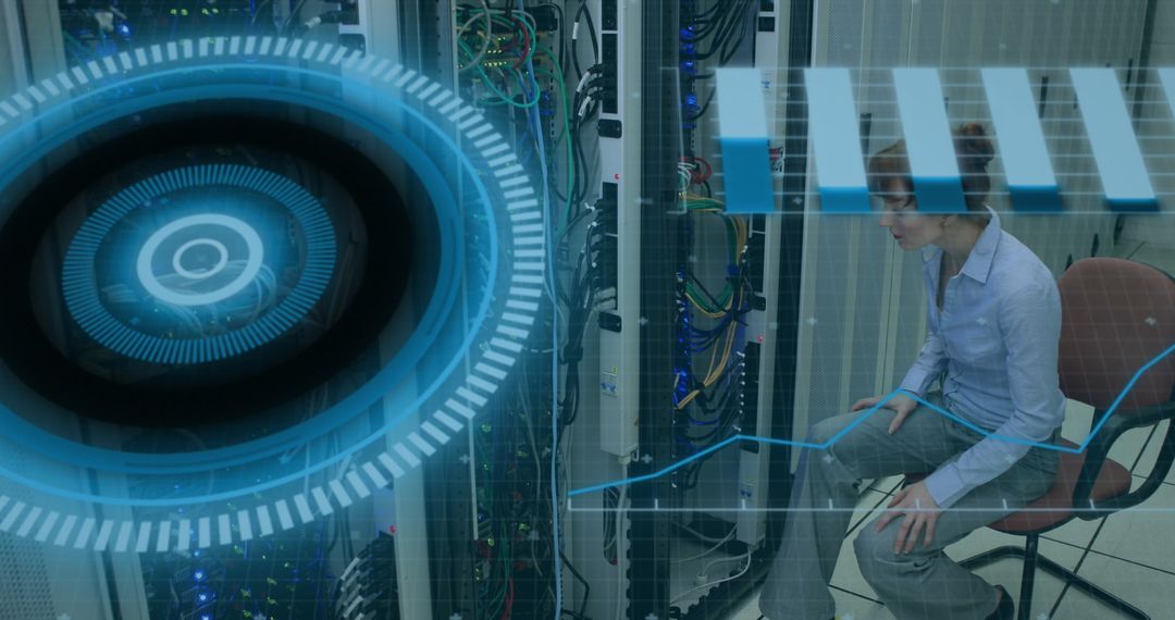 Analyzing Data in Server Room with Digital Interface Overlay