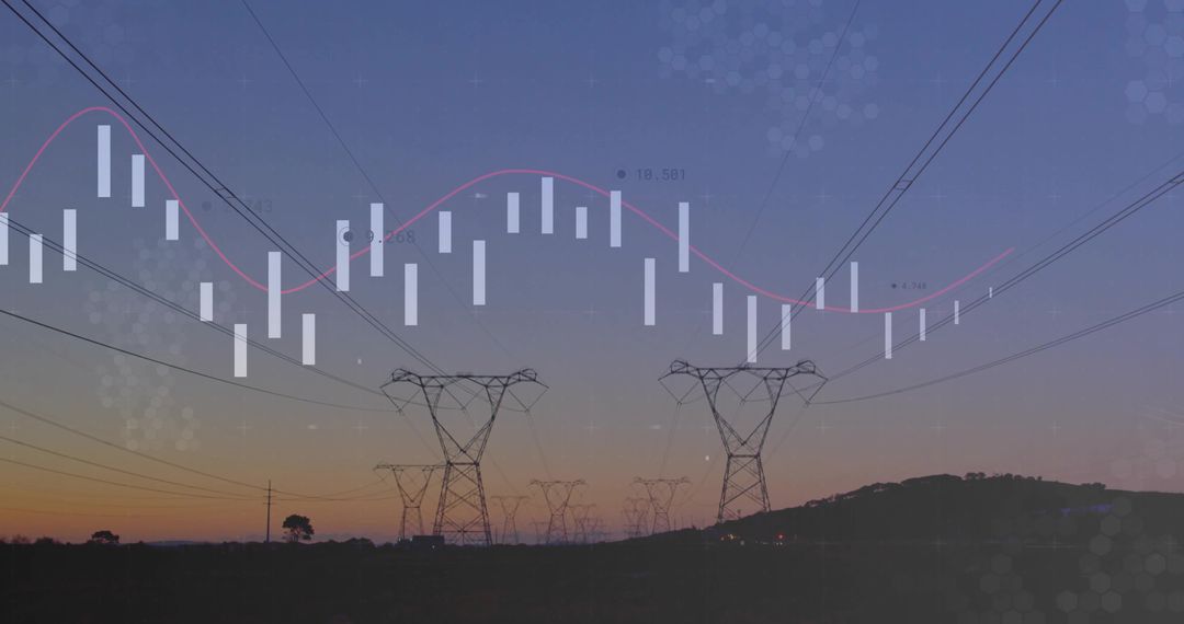 Electric Power Transmission at Dusk with Data Visualization Overlay