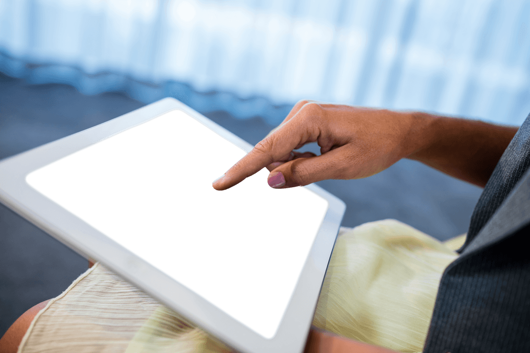 Woman Hand Interacting with Transparent Digital Tablet Display