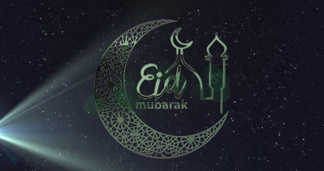 Eid Mubarak Greeting with Crescent Moon and Starry Sky