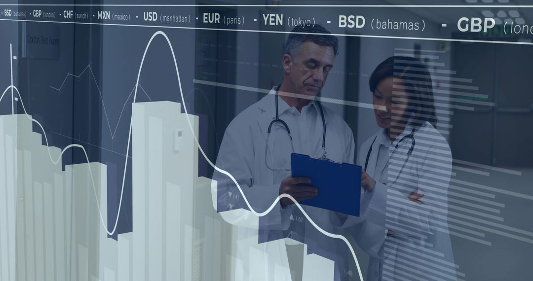 Doctors Analyzing Data with Financial Graphics Overlay in Modern Hospital