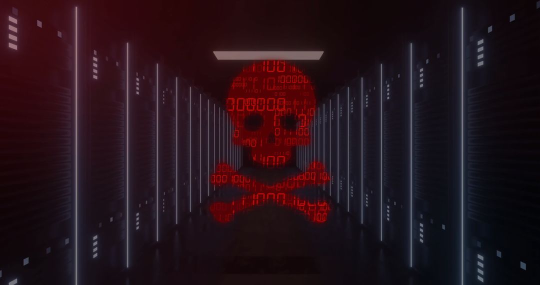 Digital Skull Representing Cybersecurity Threat in Server Room
