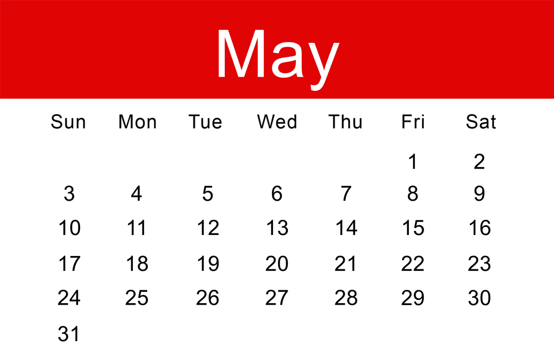 Transparent May Calendar on Red and White Background
