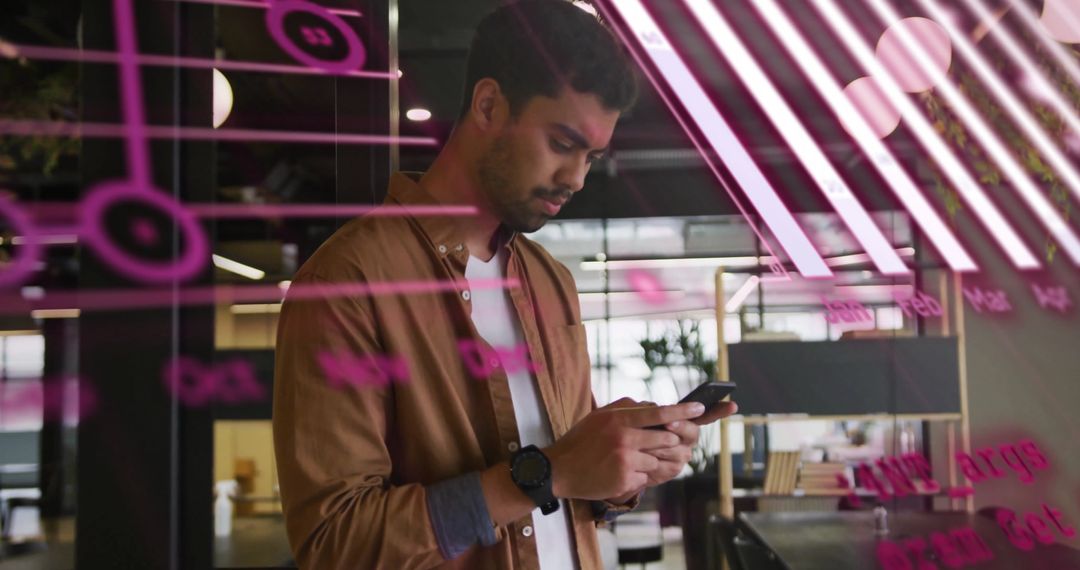 Businessman Analyzing Digital Financial Data on Smartphone in Modern Office