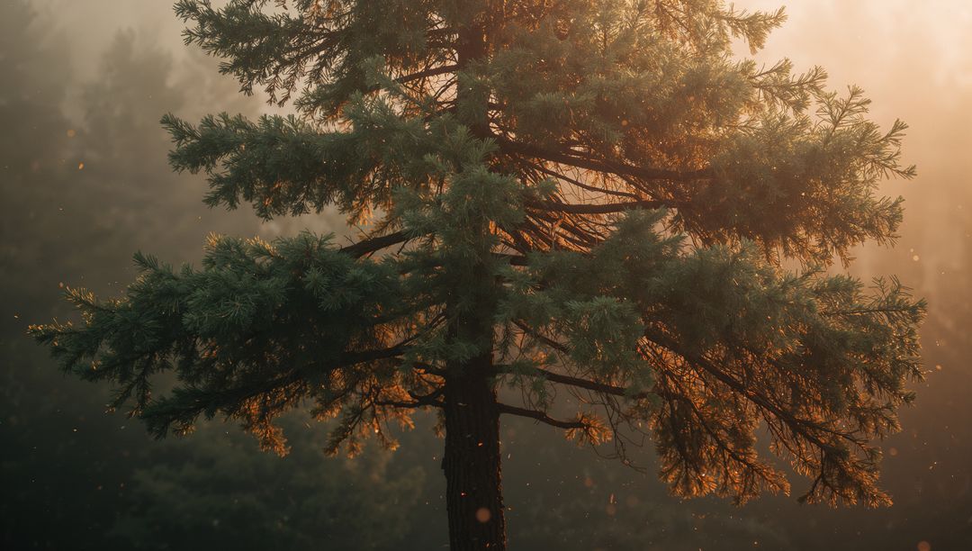 Solitary conifer glowing in golden hour mist with backlit needles and soft bokeh