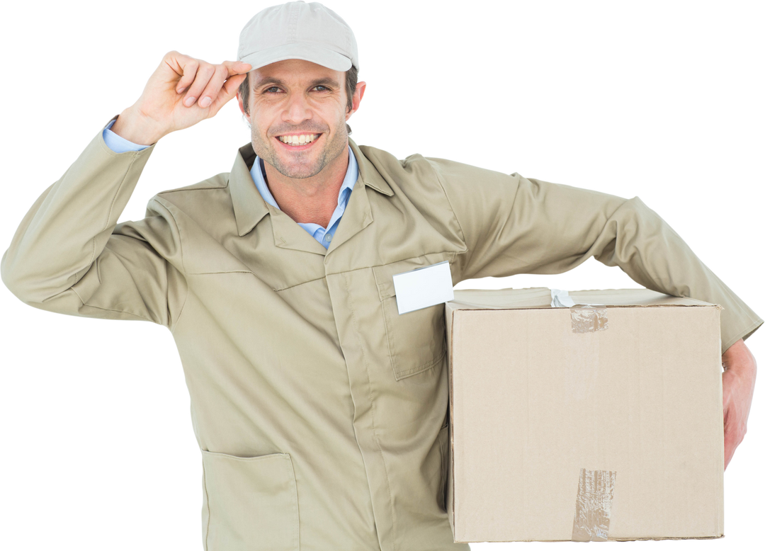 Smiling Transparent Delivery Man Carrying Cardboard Box - Download Free Stock Images Pikwizard.com