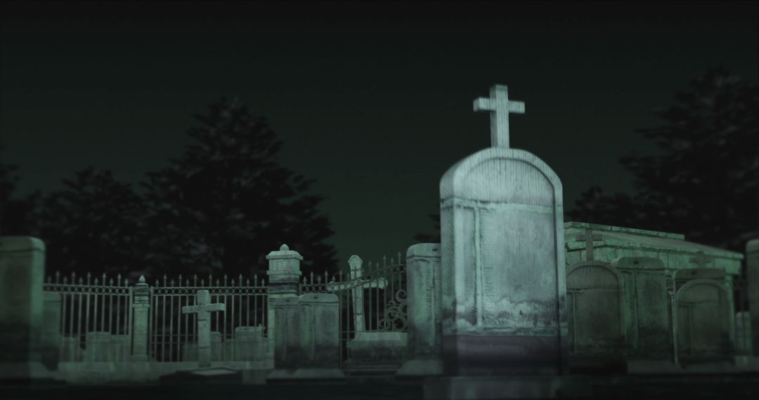 Old Cemetery at Night with Fog and Gloomy Atmosphere