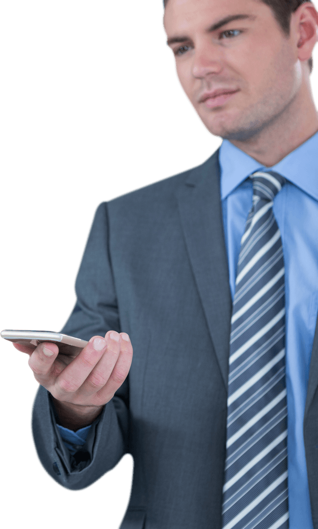 Transparent Businessman Holding Mobile Device Interaction