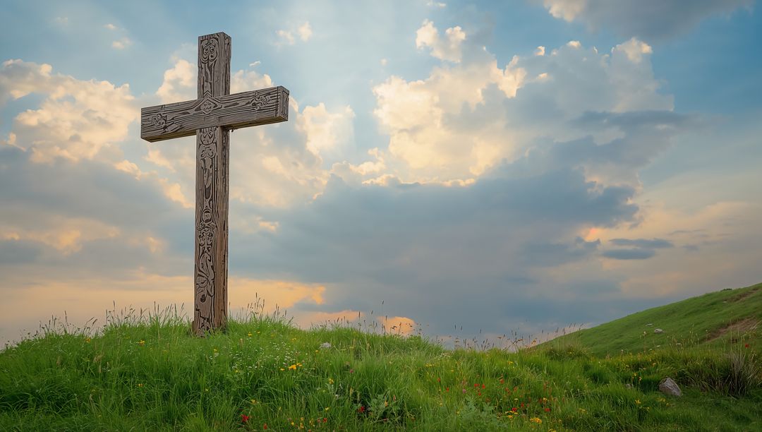 Wooden Cross on Tranquil Meadow Hill at Dusk with Wildflowers
