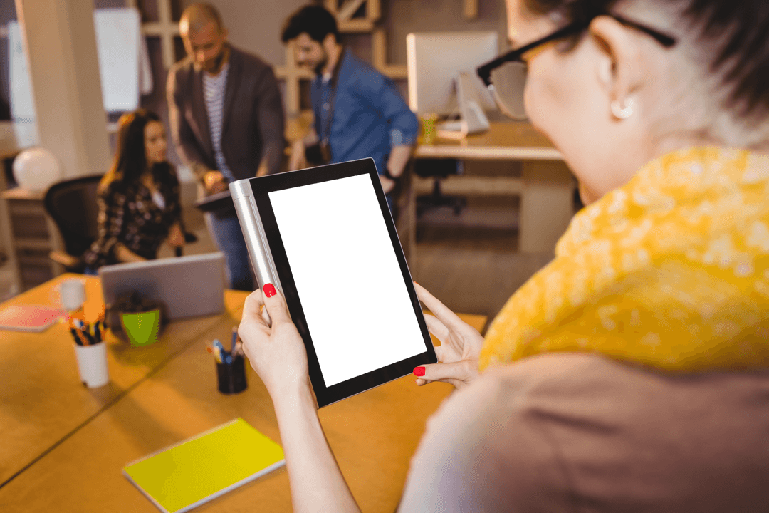 Caucasian Businesswoman Using Tablet in Office Transparent Background