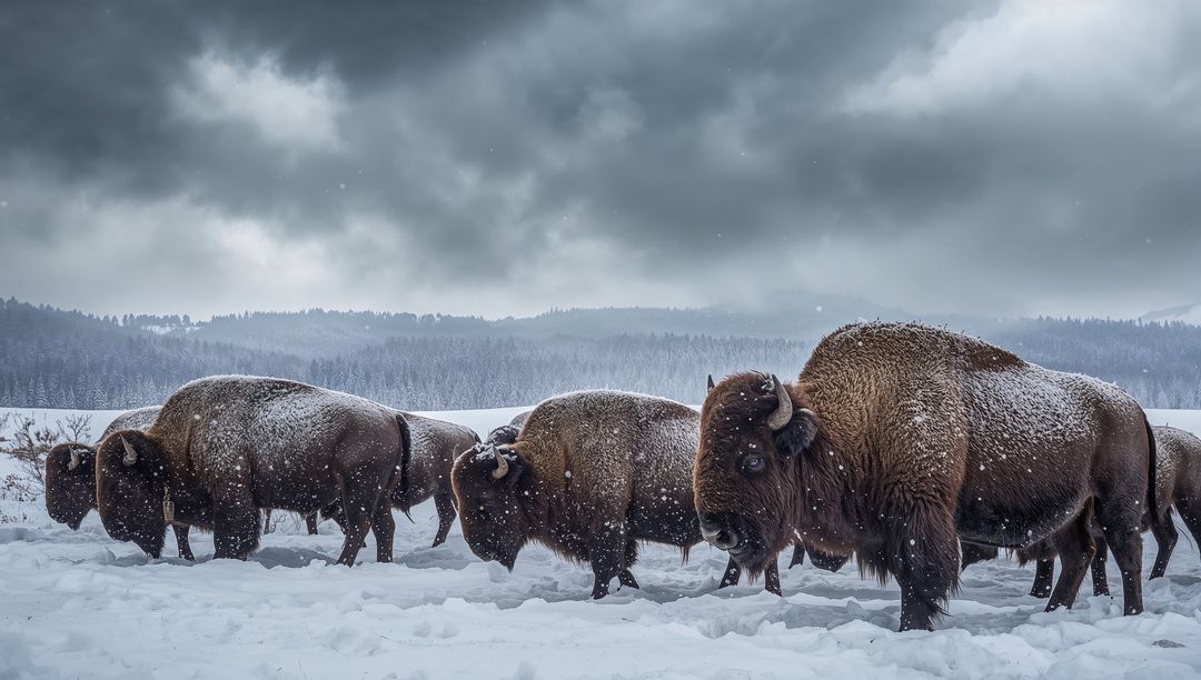Herd of American bison braving snowstorm and foraging across snowy prairie landscape